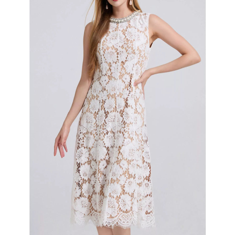 Pearl Neckline Sleeveless Lace Dress White / S Apparel and Accessories
