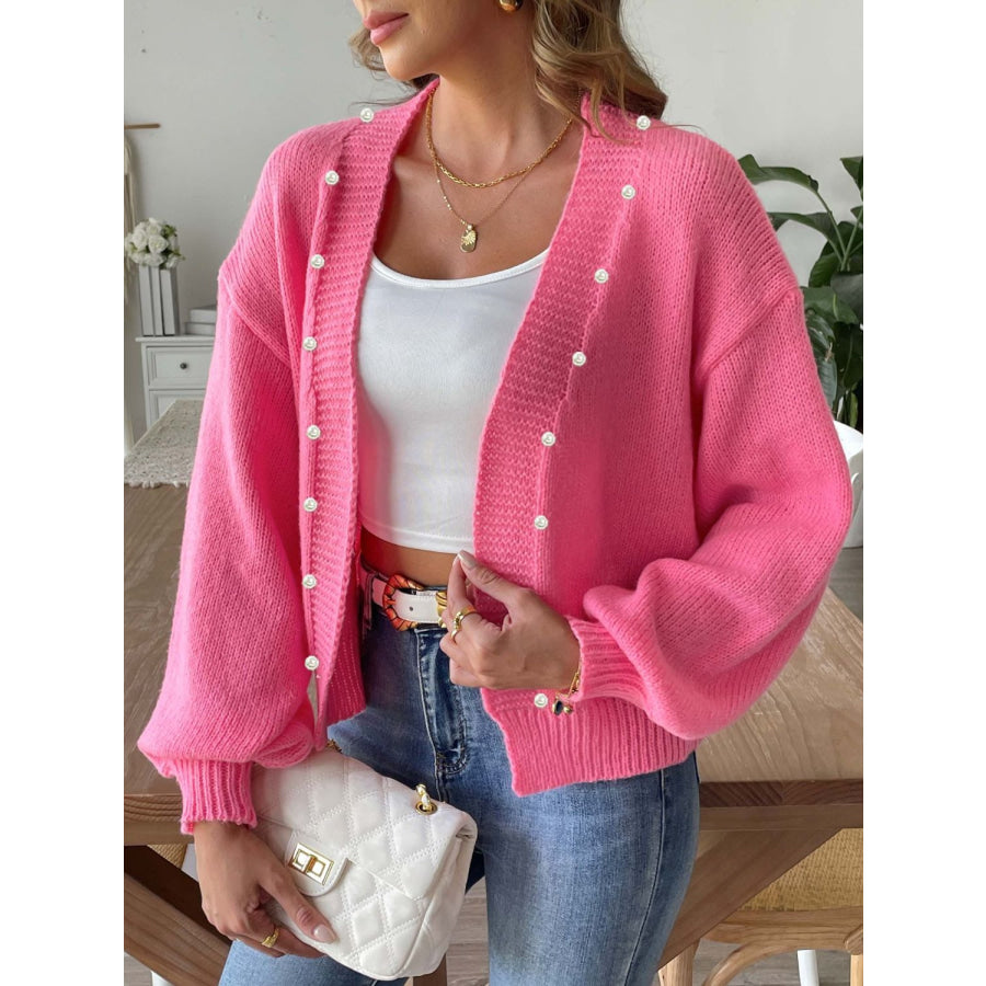 Pearl Open Front Long Sleeve Cardigan Fuchsia Pink / S Apparel and Accessories