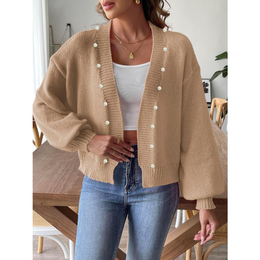 Pearl Open Front Long Sleeve Cardigan Tan / S Apparel and Accessories