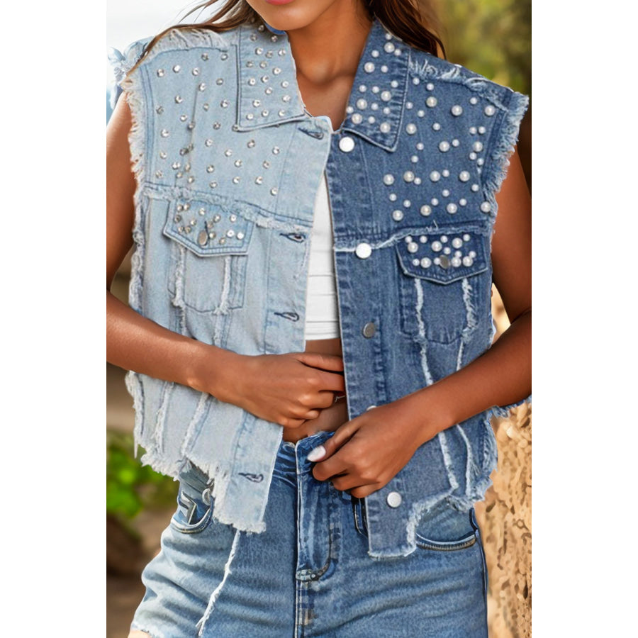 Pearl Raw Hem Sleeveless Denim Jacket Apparel and Accessories