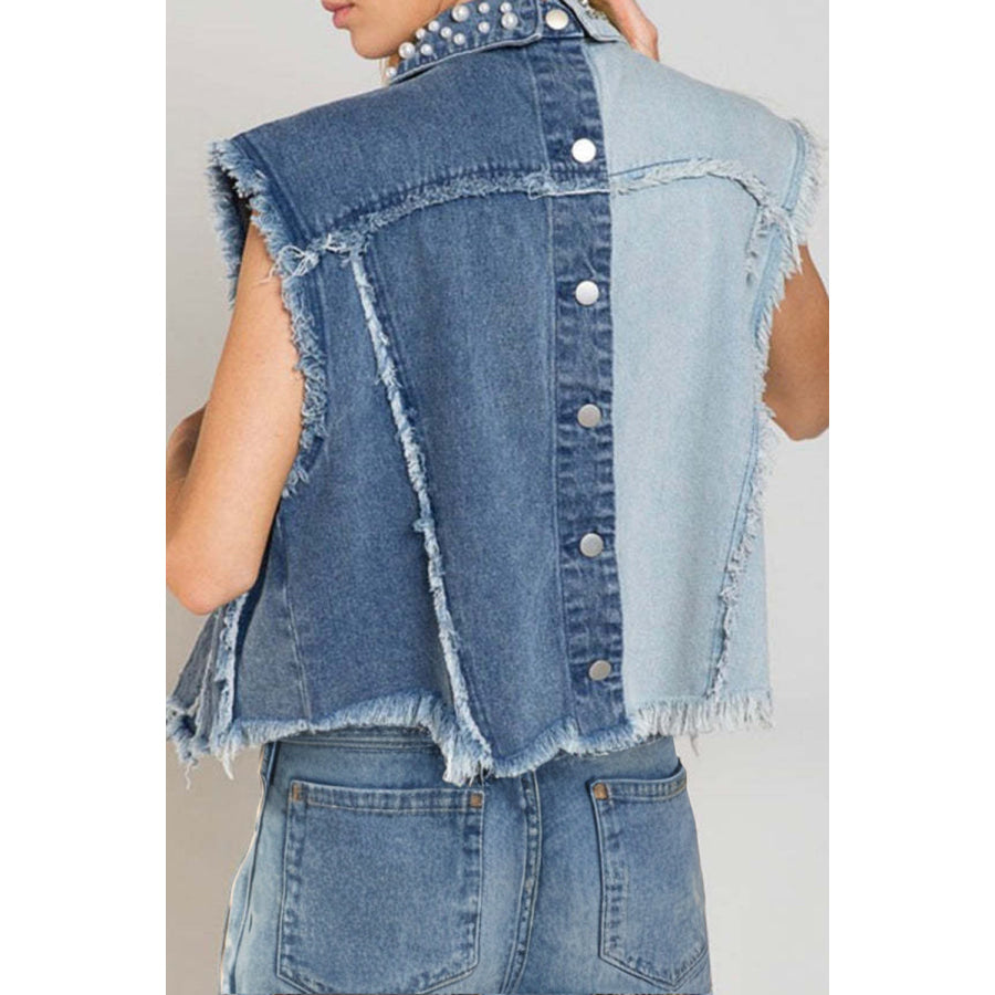 Pearl Raw Hem Sleeveless Denim Jacket Apparel and Accessories