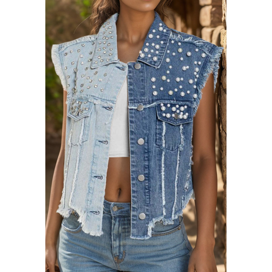 Pearl Raw Hem Sleeveless Denim Jacket Medium / S Apparel and Accessories