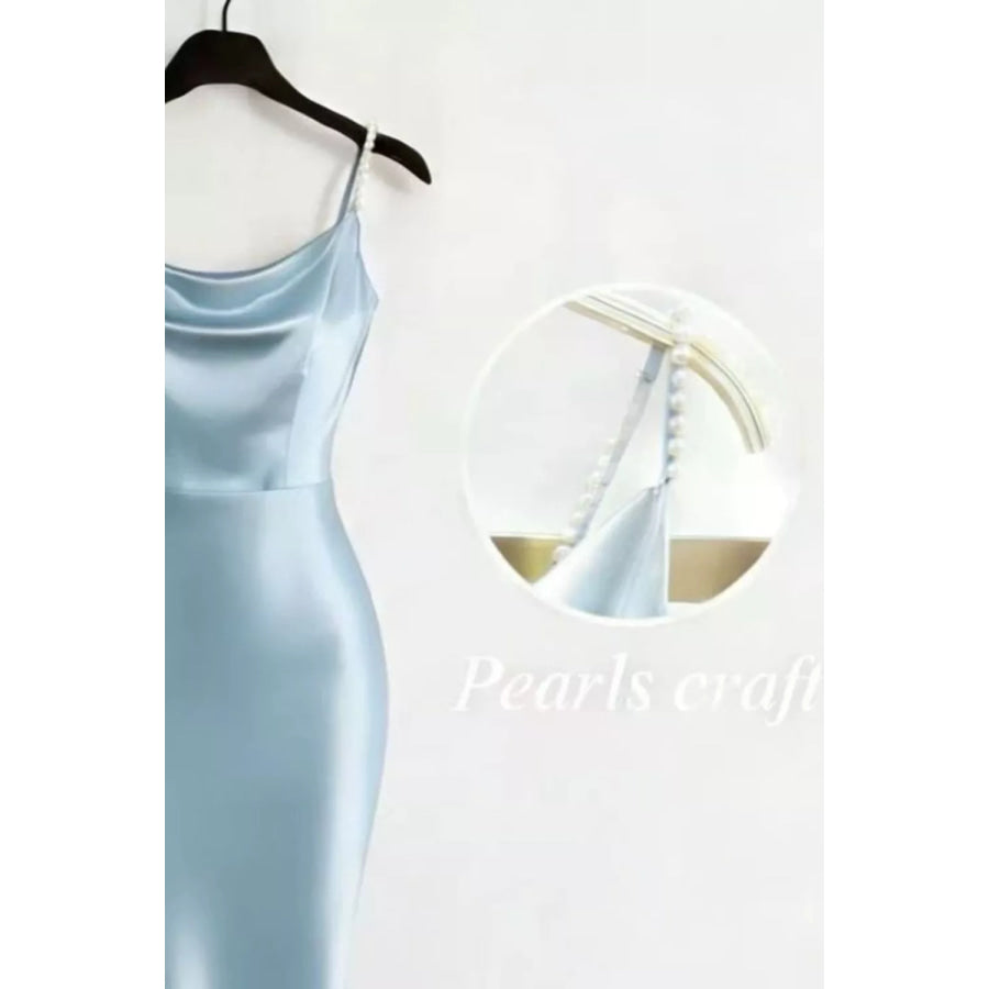 Pearl Strap Cowl Neck Satin Maxi Dress Apparel and Accessories