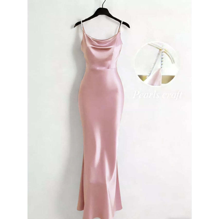 Pearl Strap Cowl Neck Satin Maxi Dress Apparel and Accessories