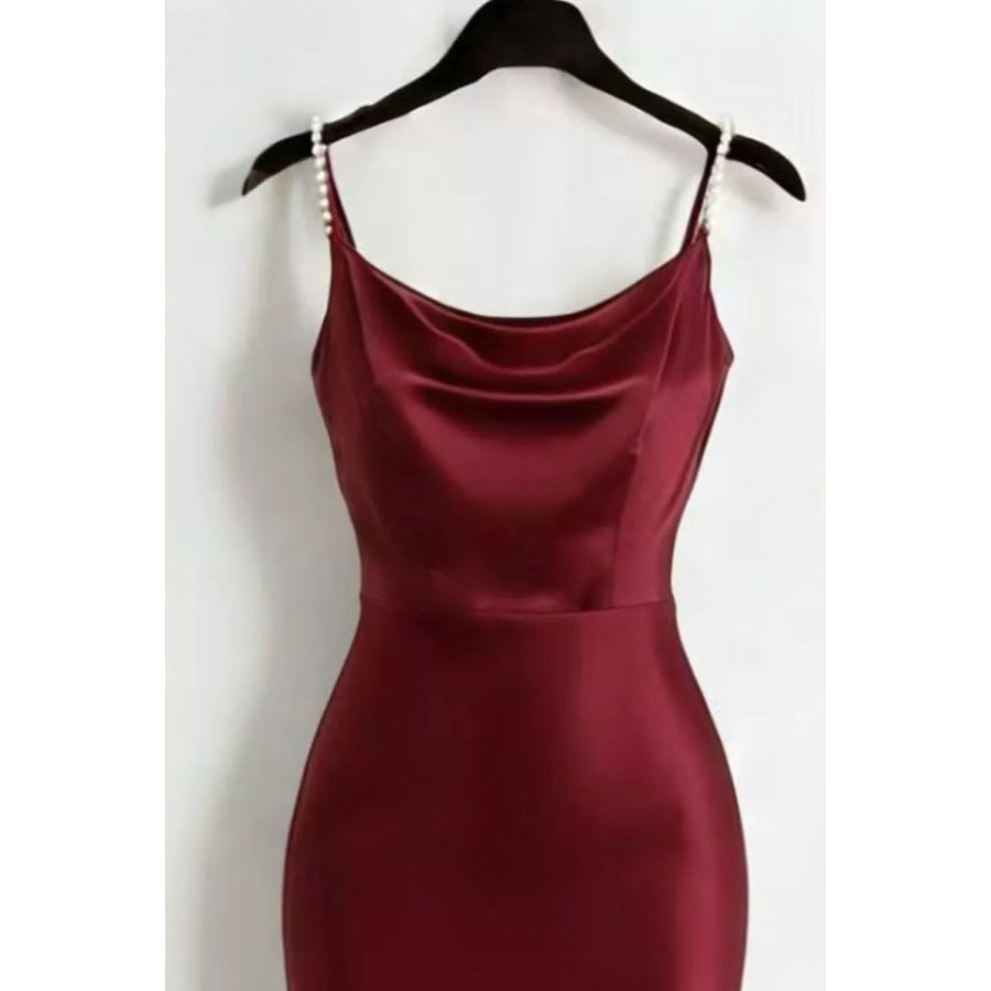 Pearl Strap Cowl Neck Satin Maxi Dress Apparel and Accessories