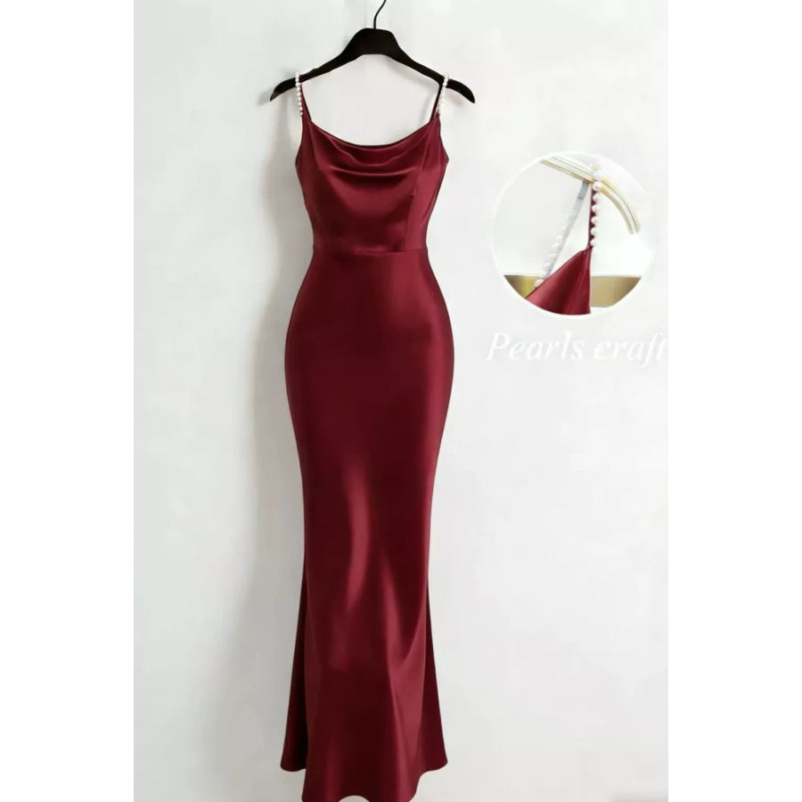 Pearl Strap Cowl Neck Satin Maxi Dress Apparel and Accessories