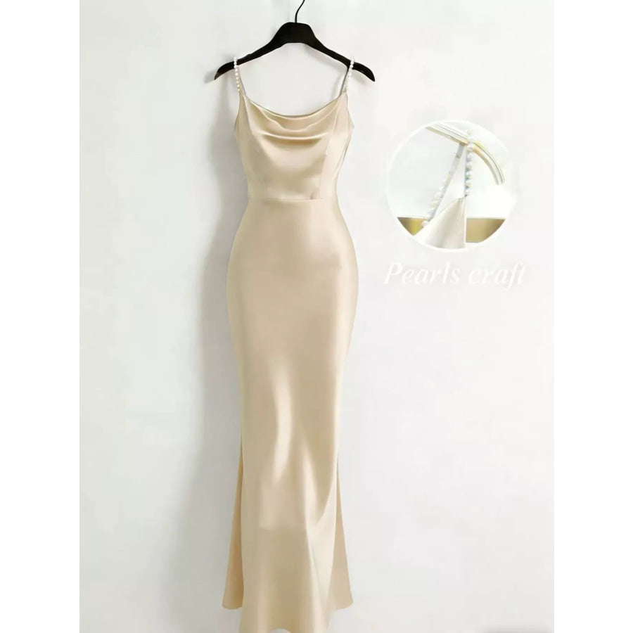 Pearl Strap Cowl Neck Satin Maxi Dress Apricot / XS Apparel and Accessories