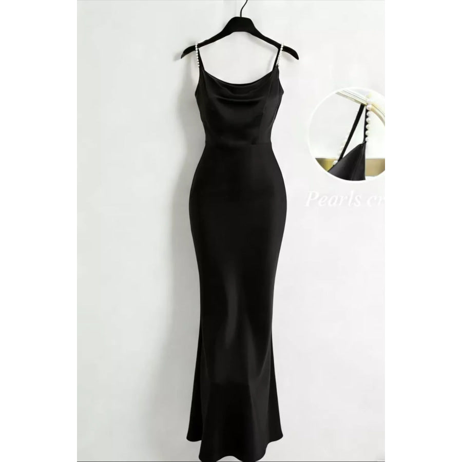 Pearl Strap Cowl Neck Satin Maxi Dress Black / XS Apparel and Accessories
