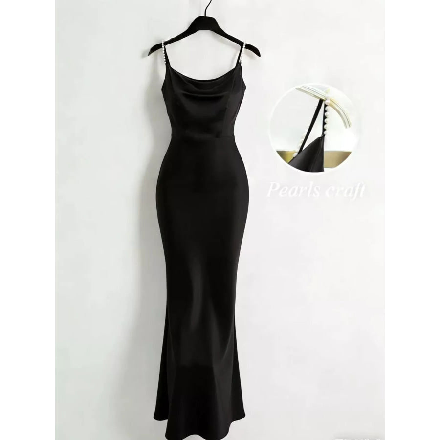 Pearl Strap Cowl Neck Satin Maxi Dress Black / XS Apparel and Accessories