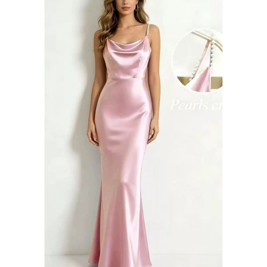 Pearl Strap Cowl Neck Satin Maxi Dress Blush Pink / XS Apparel and Accessories