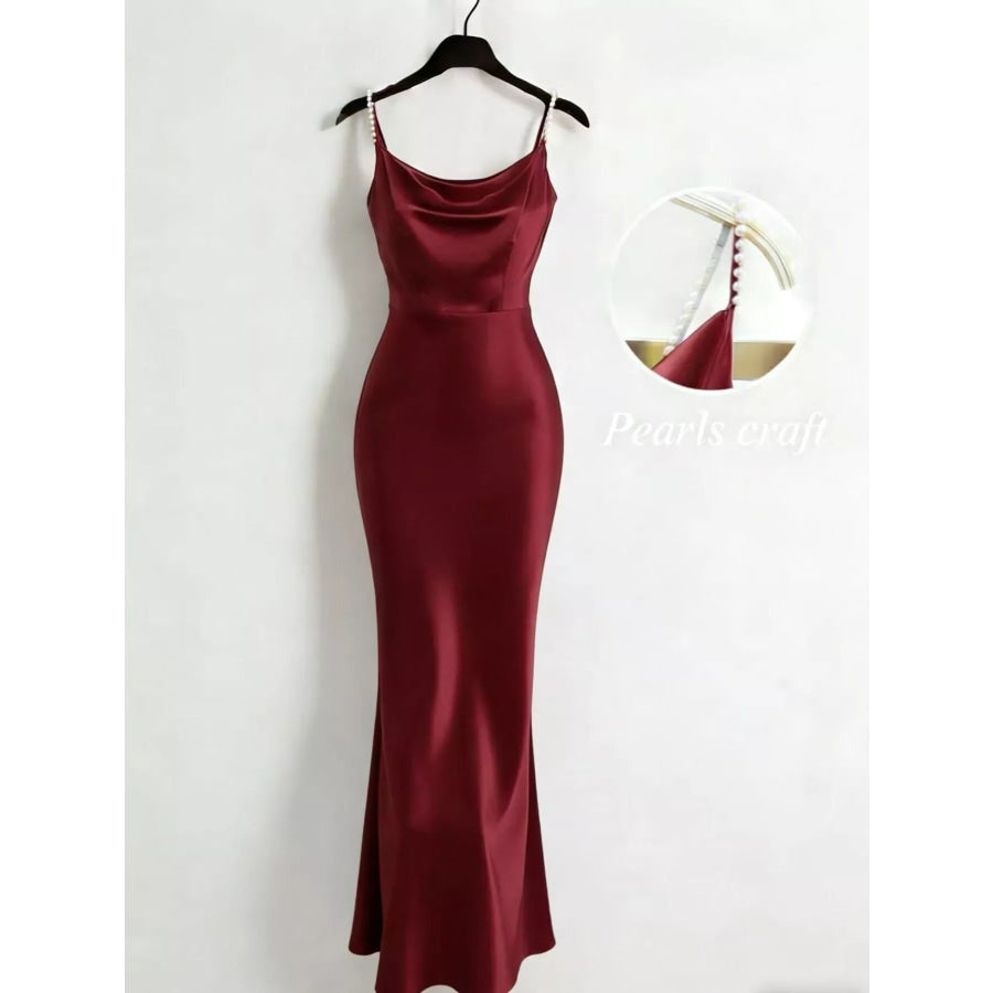 Pearl Strap Cowl Neck Satin Maxi Dress Burgundy / XS Apparel and Accessories