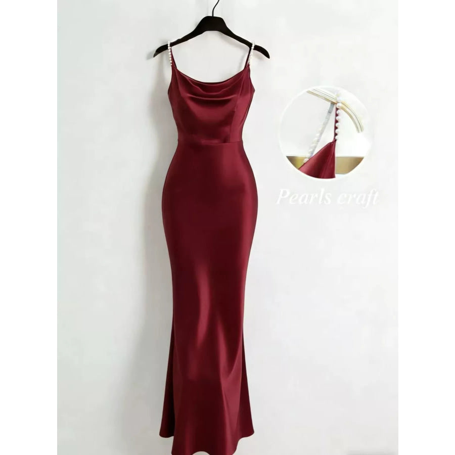 Pearl Strap Cowl Neck Satin Maxi Dress Burgundy / XS Apparel and Accessories
