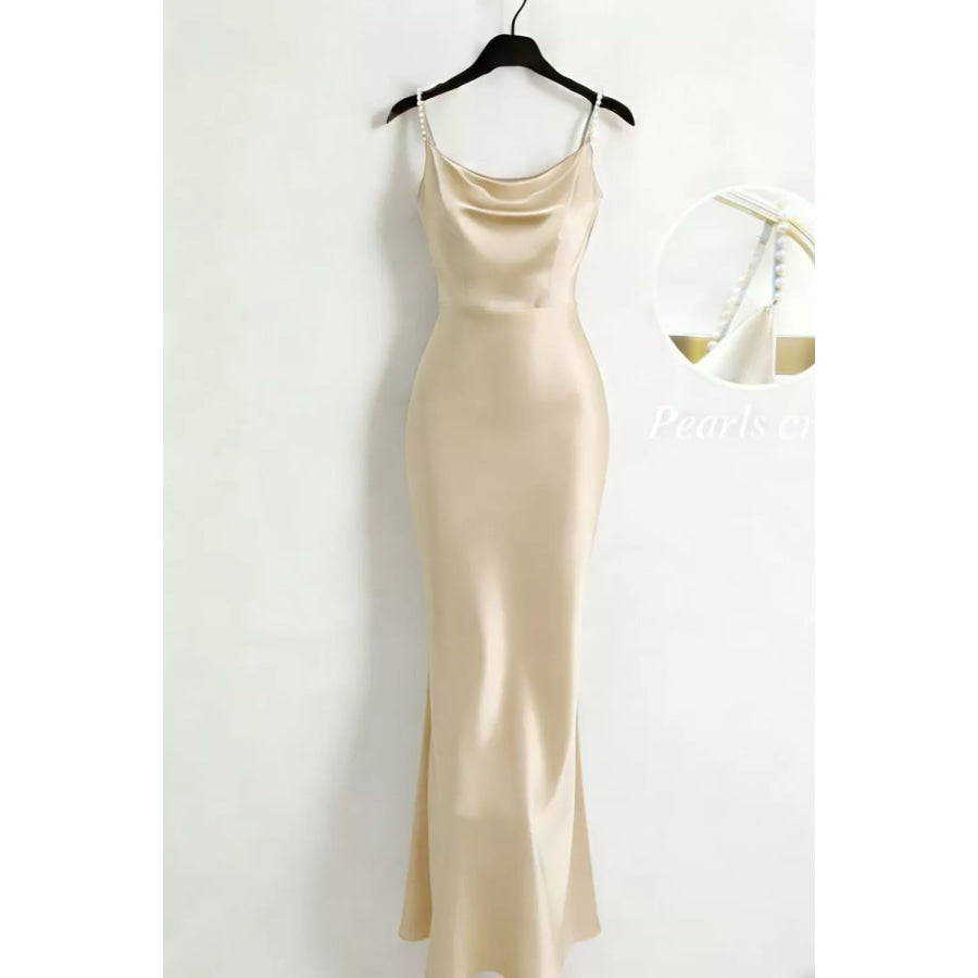 Pearl Strap Cowl Neck Satin Maxi Dress Khaki / XS Apparel and Accessories