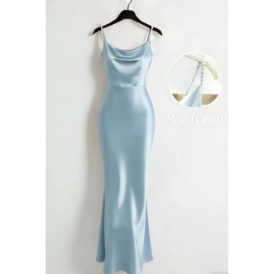 Pearl Strap Cowl Neck Satin Maxi Dress Light Blue / XS Apparel and Accessories