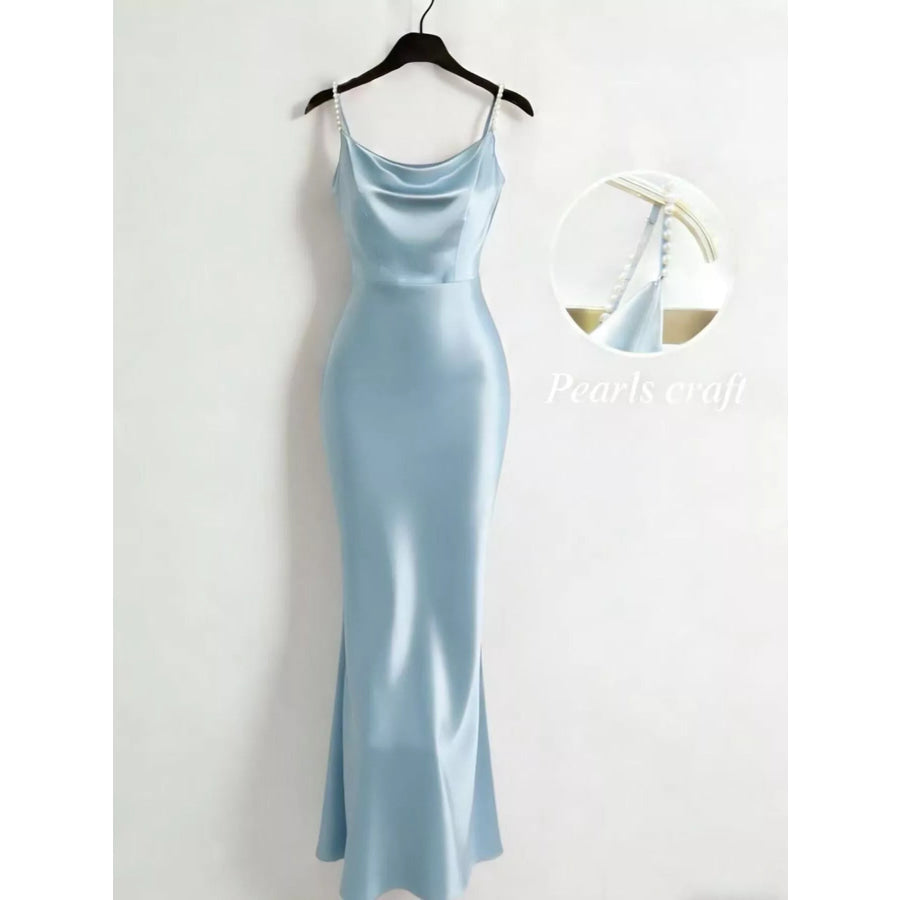 Pearl Strap Cowl Neck Satin Maxi Dress Light Blue / XS Apparel and Accessories