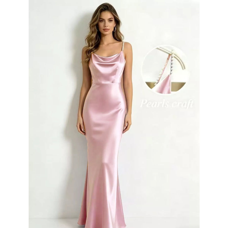 Pearl Strap Cowl Neck Satin Maxi Dress Lotus Color / XS Apparel and Accessories