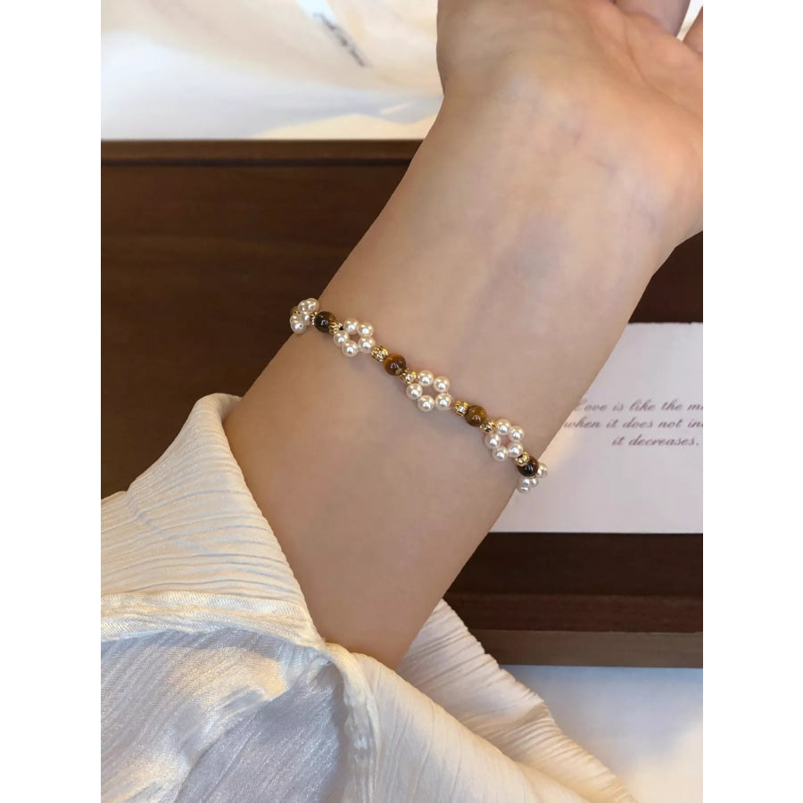Pearl & Tiger Eye Stone Beaded Bracelet White / One Size Apparel and Accessories