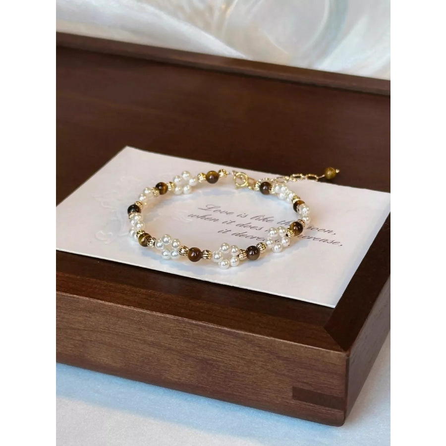 Pearl & Tiger Eye Stone Beaded Bracelet White / One Size Apparel and Accessories