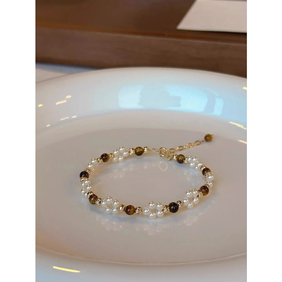 Pearl & Tiger Eye Stone Beaded Bracelet White / One Size Apparel and Accessories