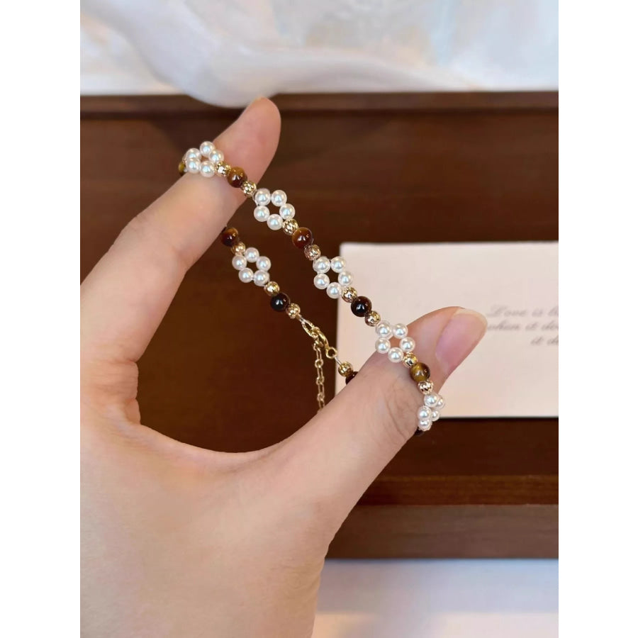 Pearl & Tiger Eye Stone Beaded Bracelet White / One Size Apparel and Accessories