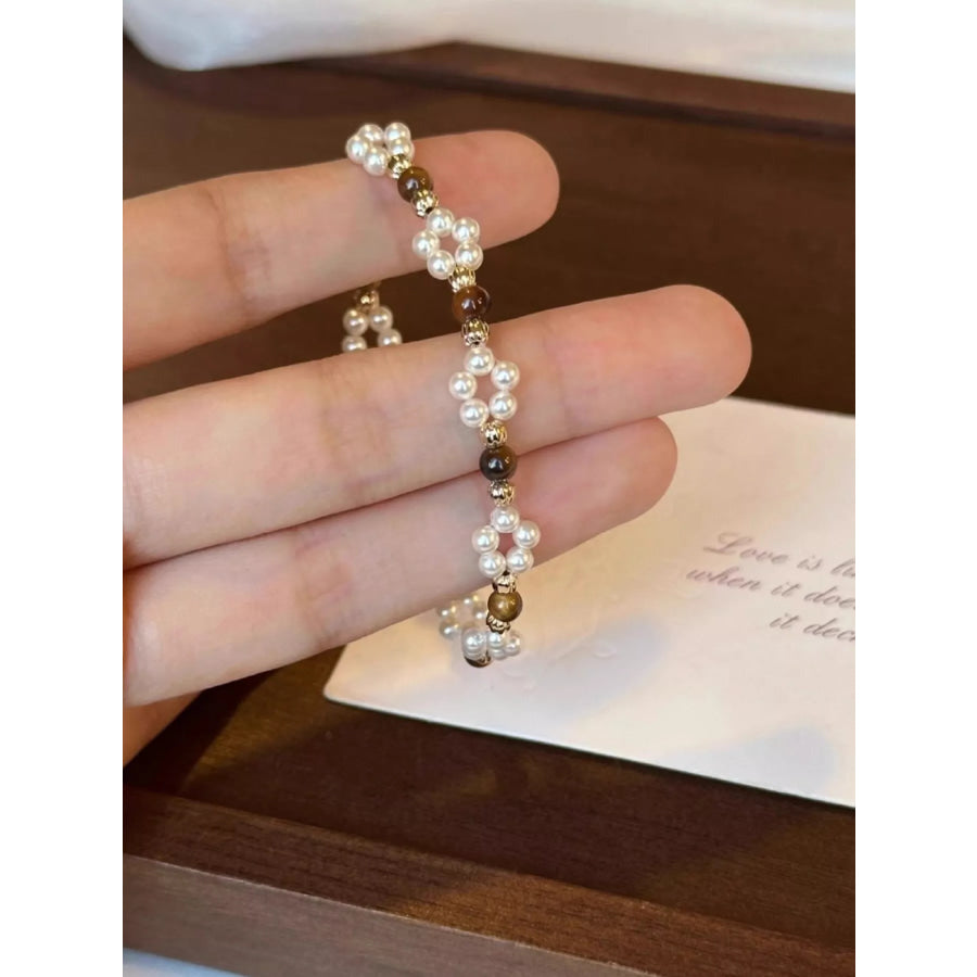 Pearl & Tiger Eye Stone Beaded Bracelet White / One Size Apparel and Accessories