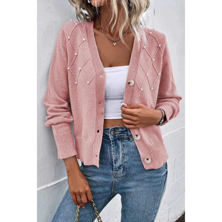 Pearl Trim Button Up Cardigan Blush Pink / S Apparel and Accessories