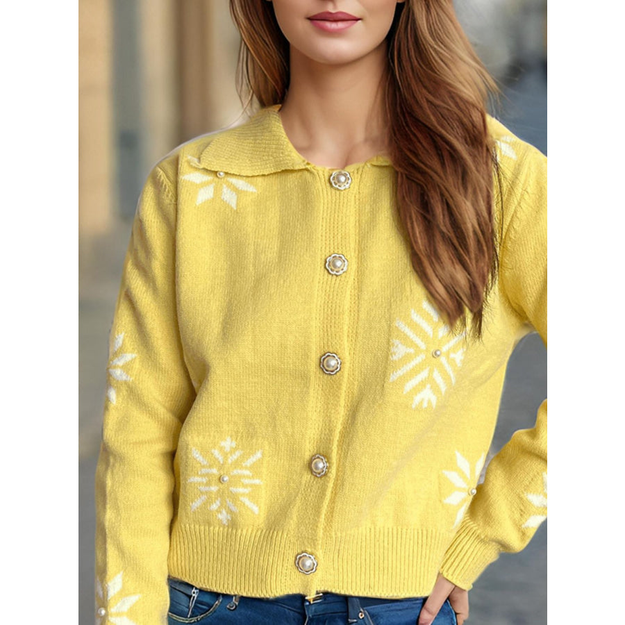 Pearl Trim Collared Neck Long Sleeve Cardigan Yellow / One Size Apparel and Accessories