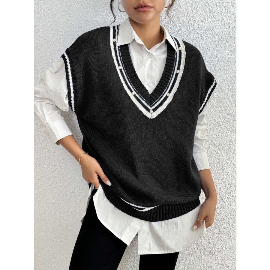 Pearl Trim Contrast V-Neck Sweater Vest Apparel and Accessories