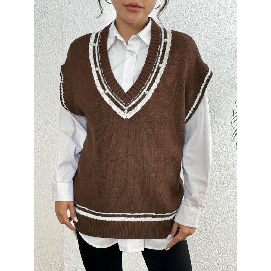 Pearl Trim Contrast V-Neck Sweater Vest Apparel and Accessories