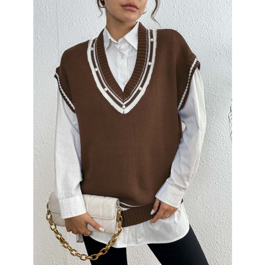 Pearl Trim Contrast V-Neck Sweater Vest Apparel and Accessories