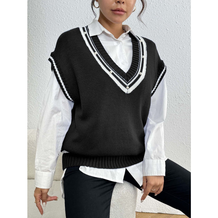 Pearl Trim Contrast V-Neck Sweater Vest Apparel and Accessories