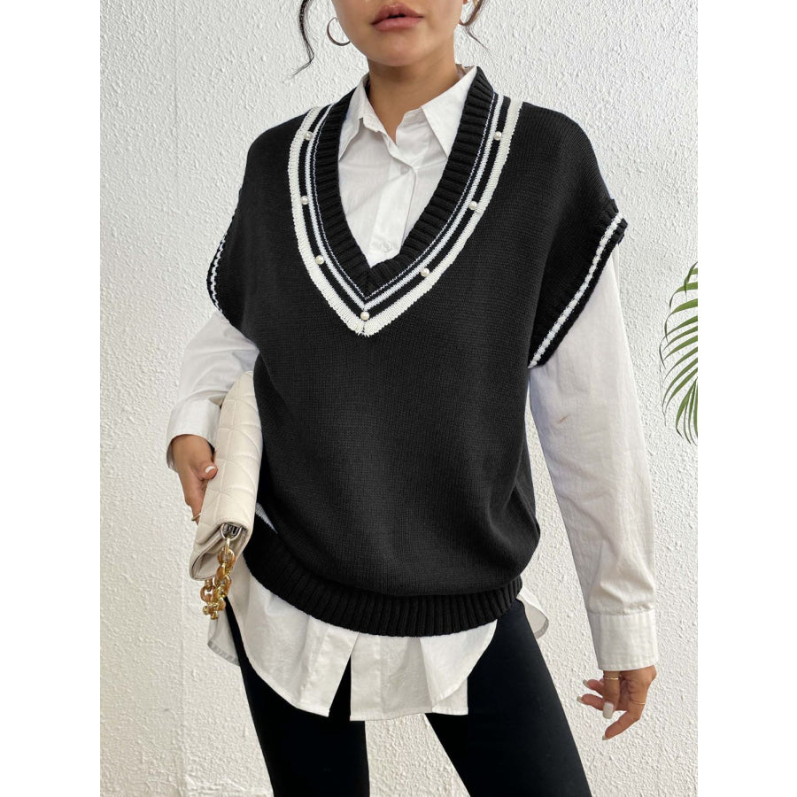 Pearl Trim Contrast V-Neck Sweater Vest Black / One Size Apparel and Accessories