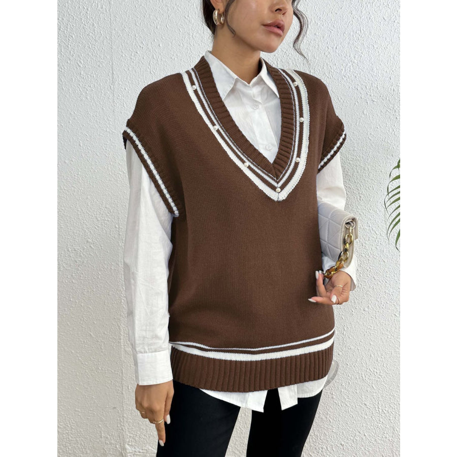 Pearl Trim Contrast V-Neck Sweater Vest Brown / One Size Apparel and Accessories