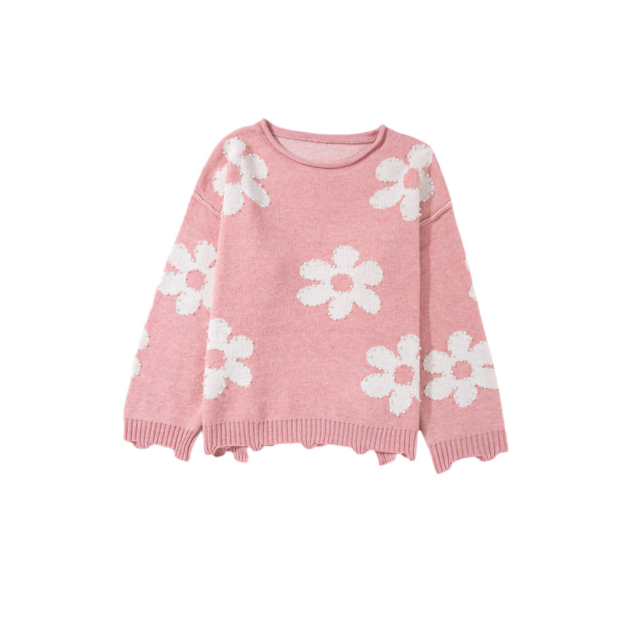 Pearl Trim Flower Round Neck Sweater Apparel and Accessories