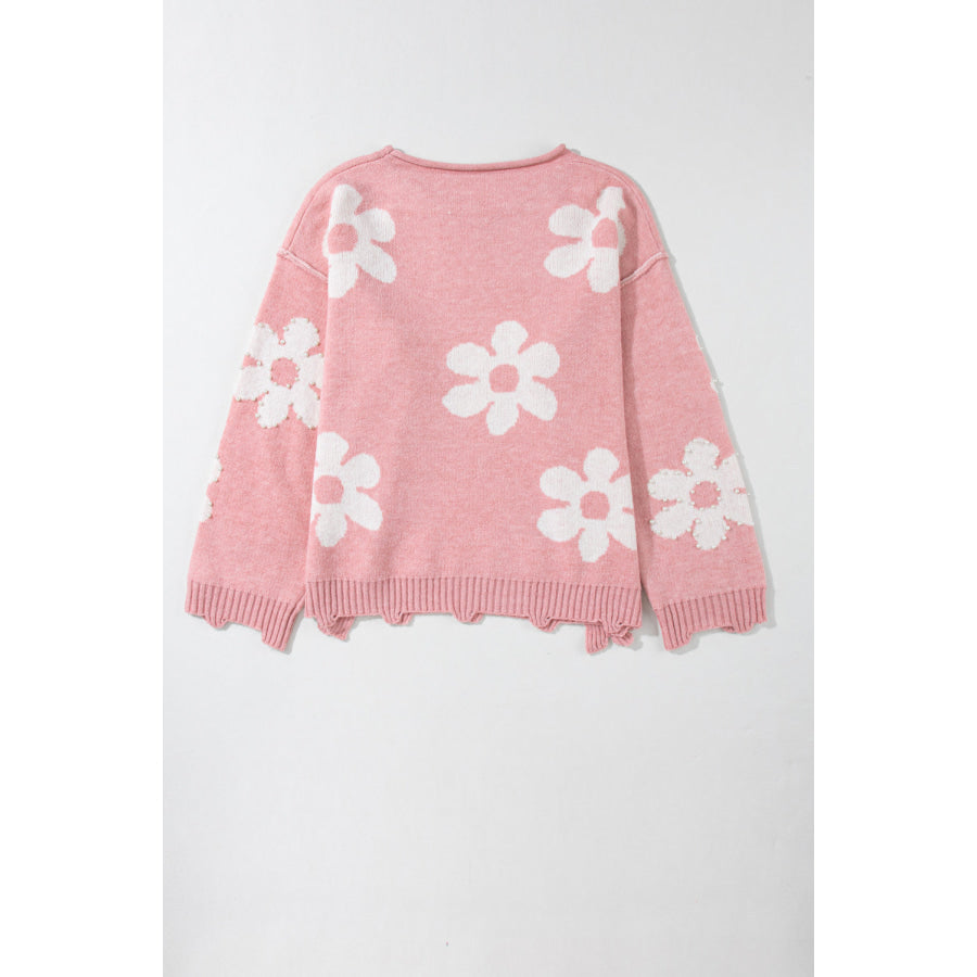 Pearl Trim Flower Round Neck Sweater Apparel and Accessories