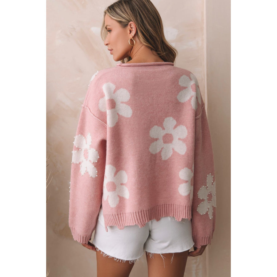 Pearl Trim Flower Round Neck Sweater Apparel and Accessories