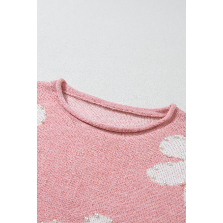 Pearl Trim Flower Round Neck Sweater Apparel and Accessories