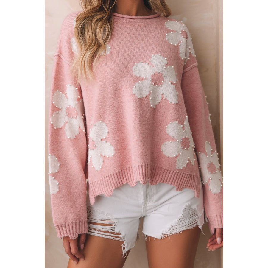 Pearl Trim Flower Round Neck Sweater Apparel and Accessories