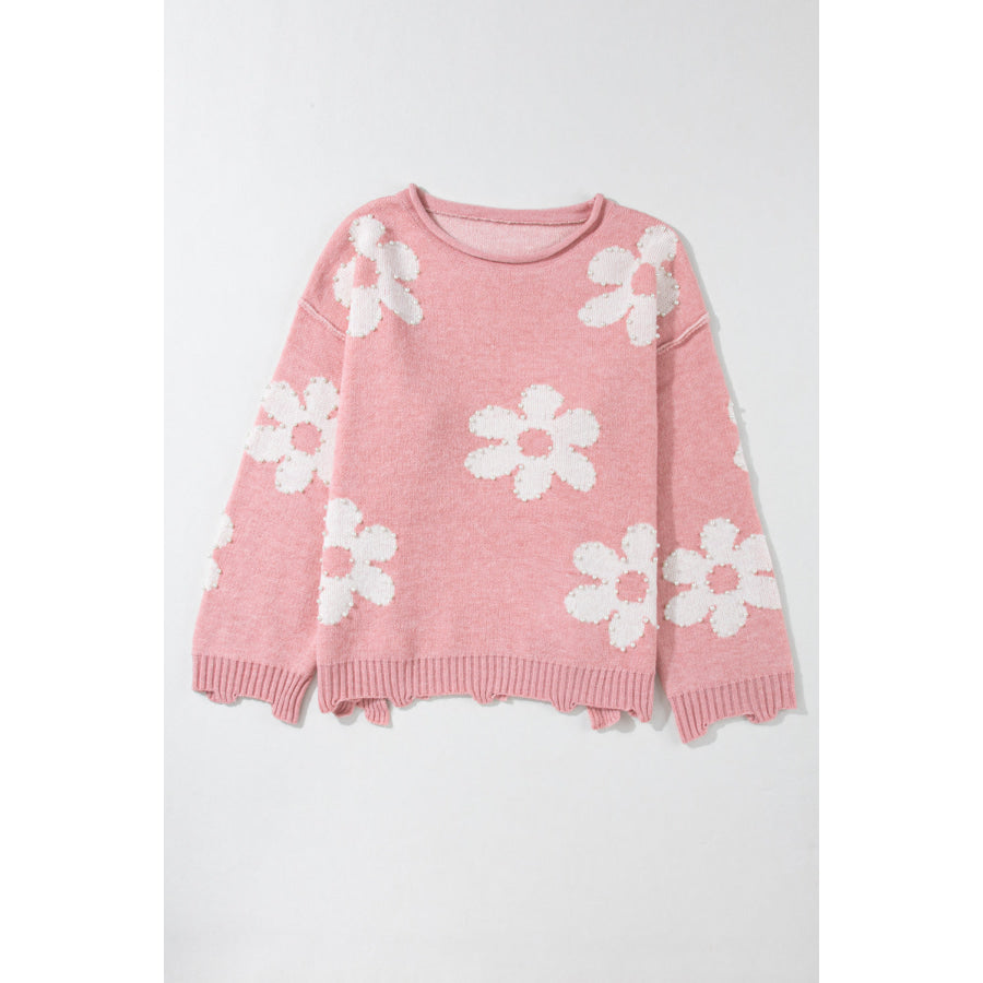 Pearl Trim Flower Round Neck Sweater Apparel and Accessories