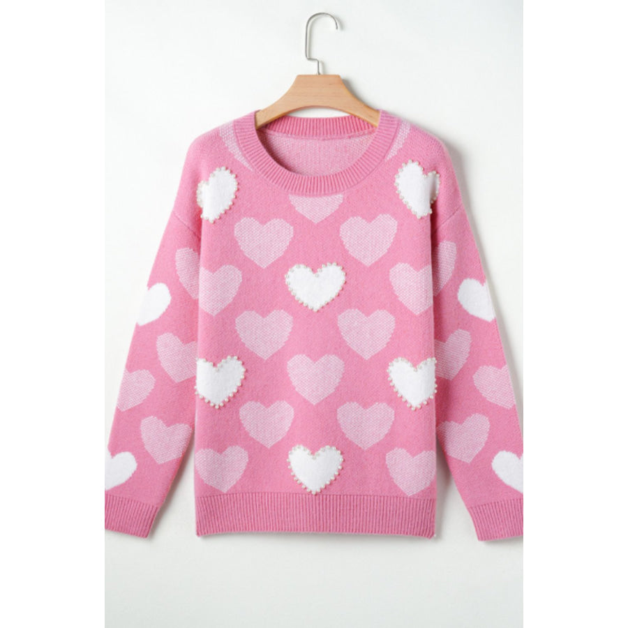 Pearl Trim Heart Round Neck Long Sleeve Sweater Apparel and Accessories