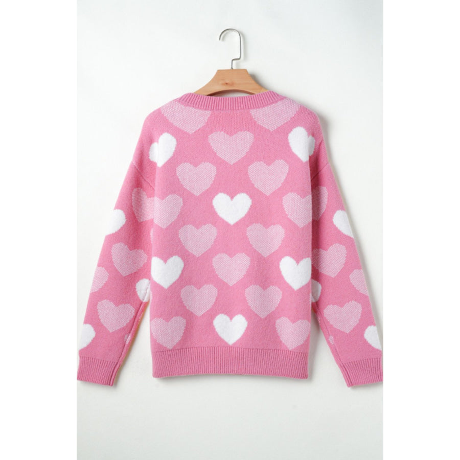 Pearl Trim Heart Round Neck Long Sleeve Sweater Apparel and Accessories