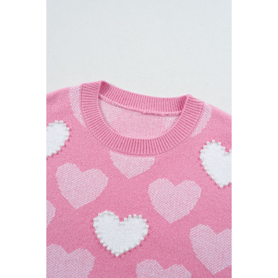 Pearl Trim Heart Round Neck Long Sleeve Sweater Apparel and Accessories