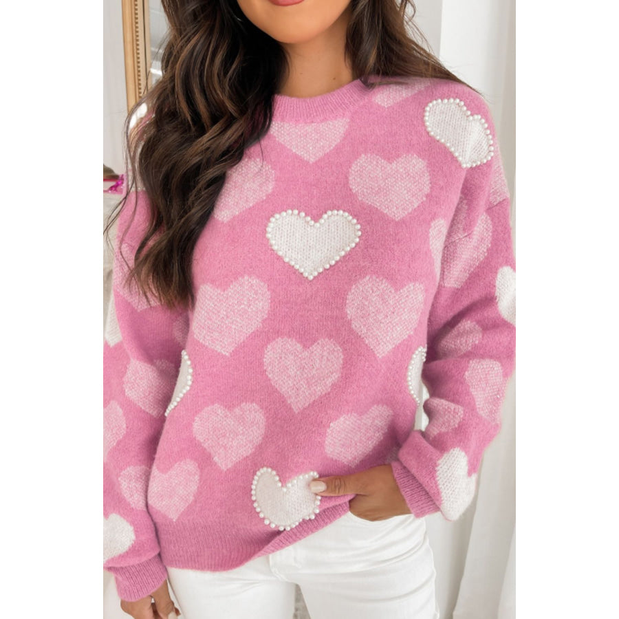 Pearl Trim Heart Round Neck Long Sleeve Sweater Pink / S Apparel and Accessories