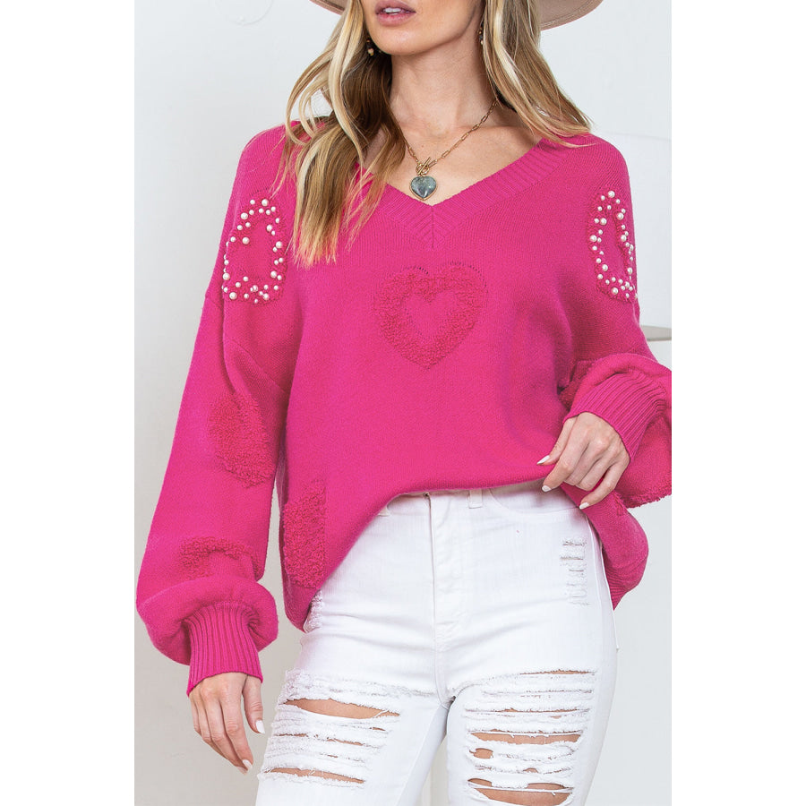 Pearl Trim Heart V-Neck Sweater Apparel and Accessories