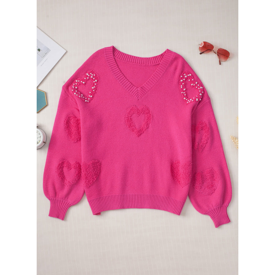 Pearl Trim Heart V-Neck Sweater Apparel and Accessories