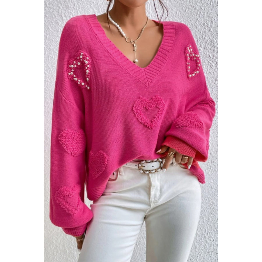 Pearl Trim Heart V-Neck Sweater Apparel and Accessories