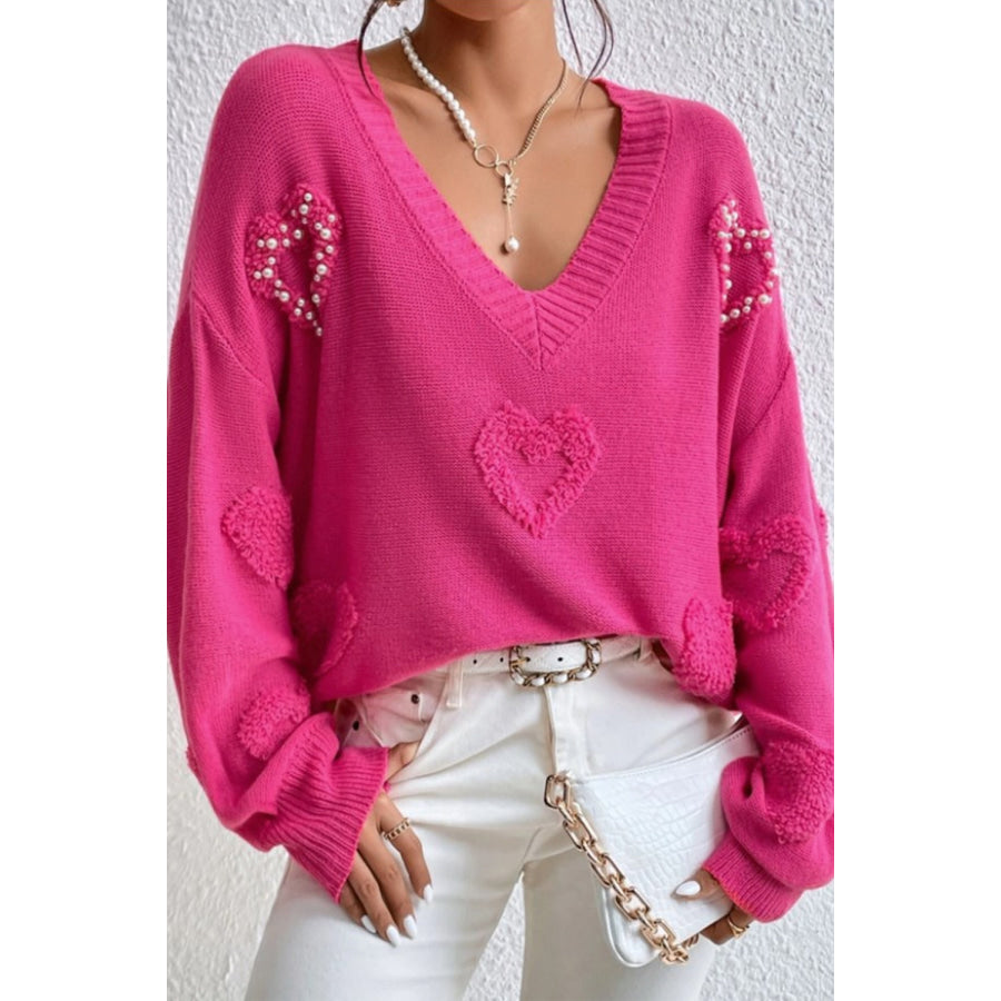 Pearl Trim Heart V-Neck Sweater Hot Pink / S Apparel and Accessories