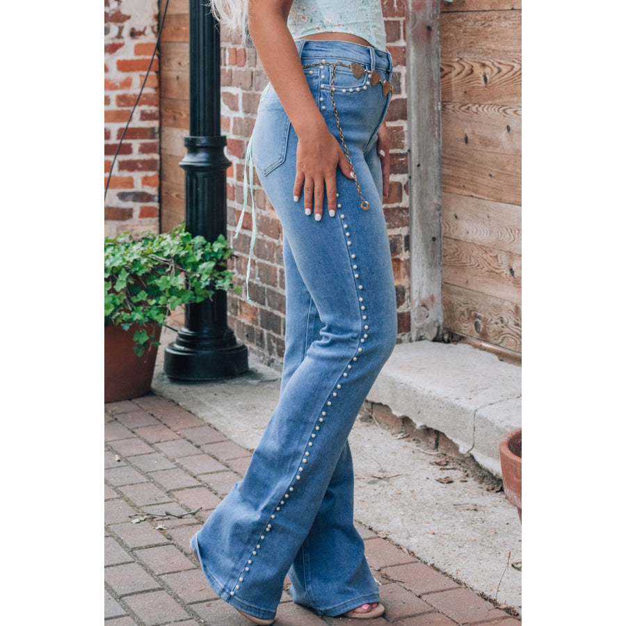 Pearl Trim High Waist Bootcut Jeans Apparel and Accessories