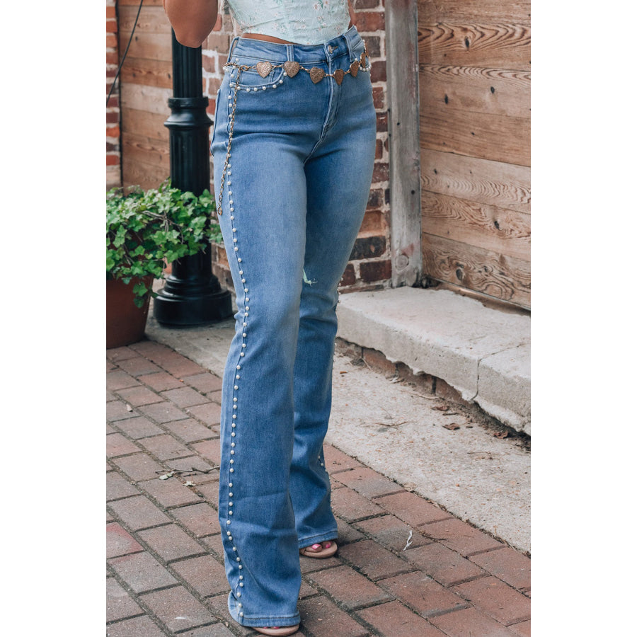 Pearl Trim High Waist Bootcut Jeans Apparel and Accessories