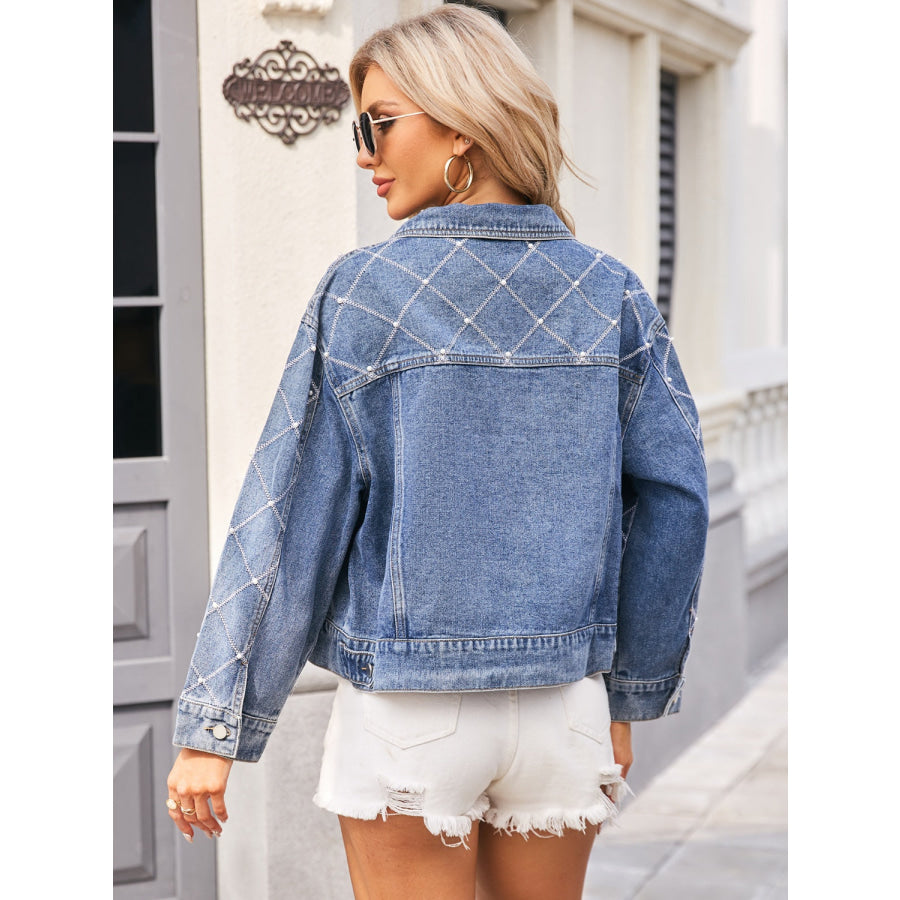 Pearl Trim Long Sleeve Denim Jacket Dusty Blue / S Apparel and Accessories